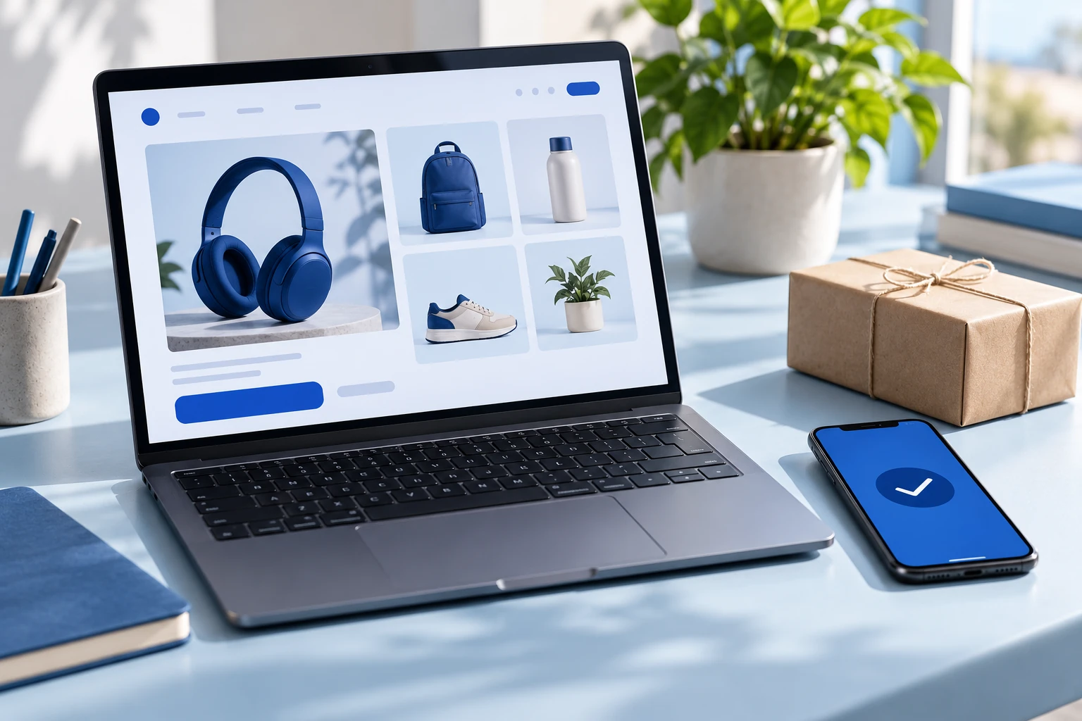 تصویر مفهومی فروشگاه اینترنتی، لپتاپ و تلفن همراه